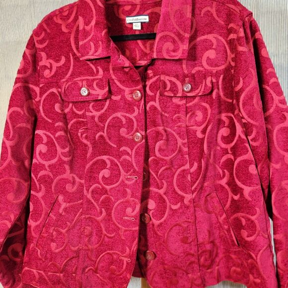Croft & Barrow $65 XL‎ Red Burgundy Brocade Velvet Button Up Jacket Pockets - Picture 4 of 10